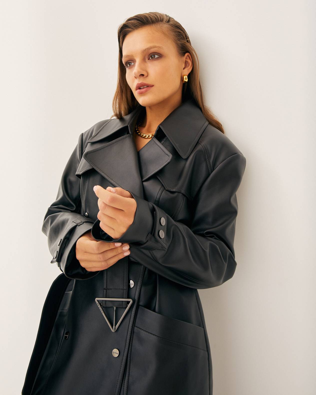 Textured double-breasted faux leather trench coat