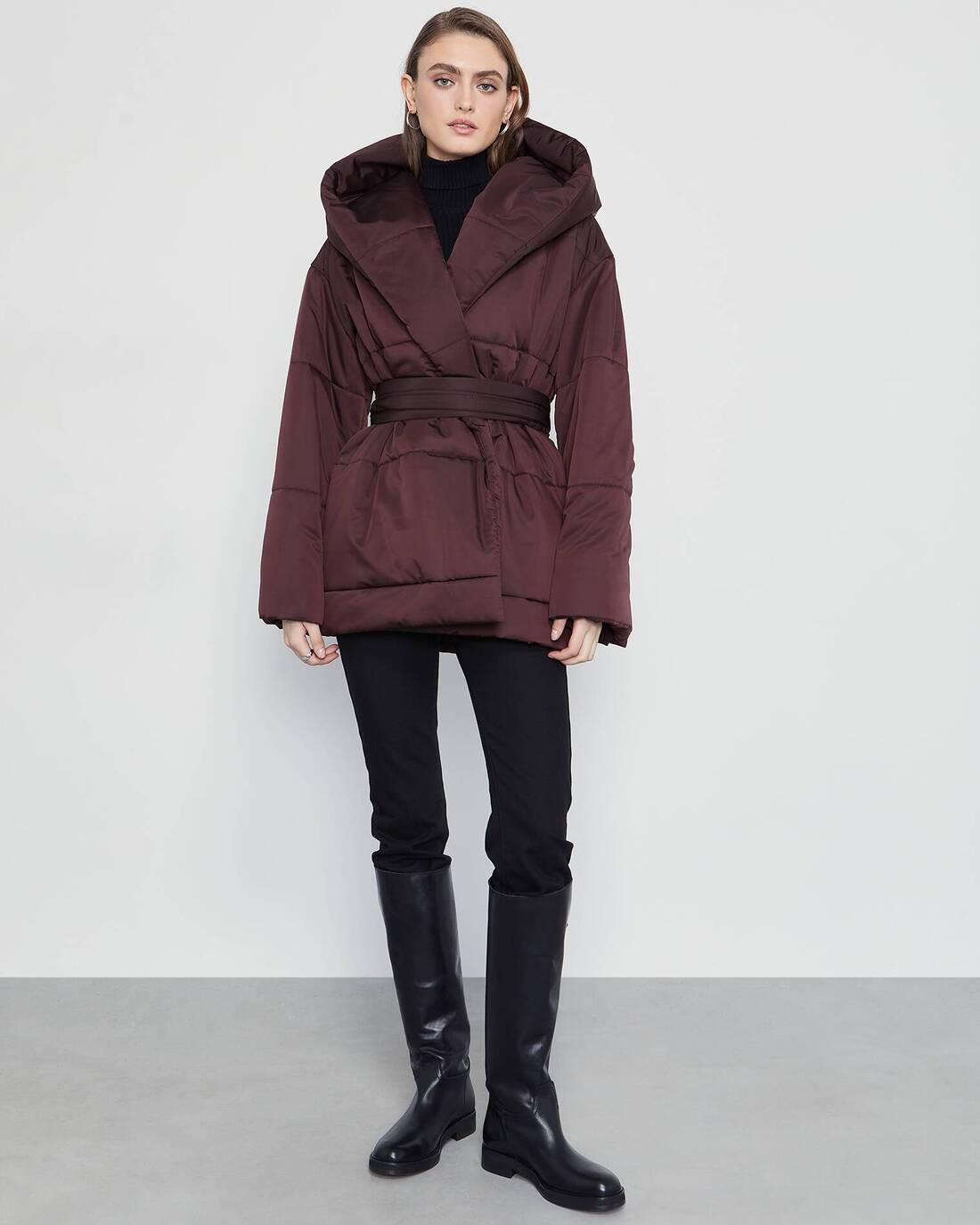 Oversized down jacket with wraparound closure 