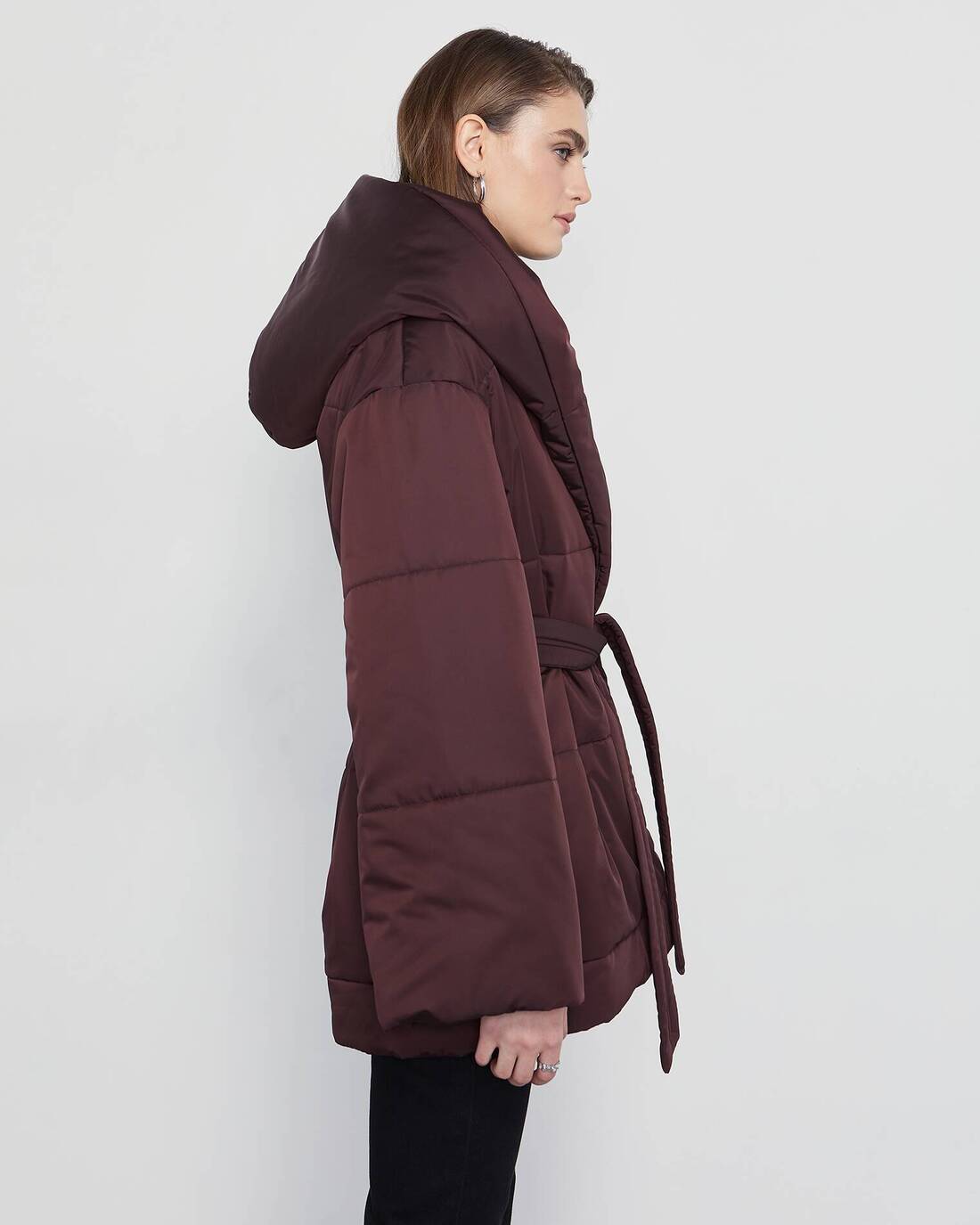 Oversized down jacket with wraparound closure 