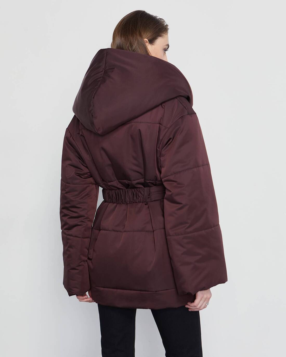 Oversized down jacket with wraparound closure 