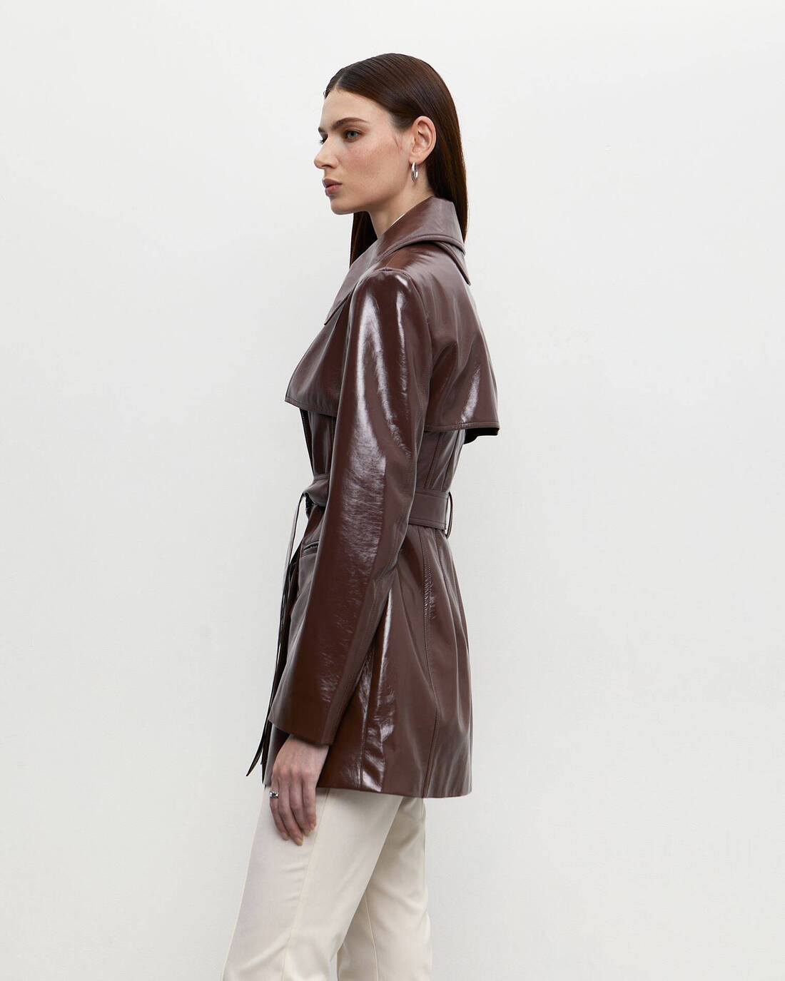 Cropped eco-leather trench coat 