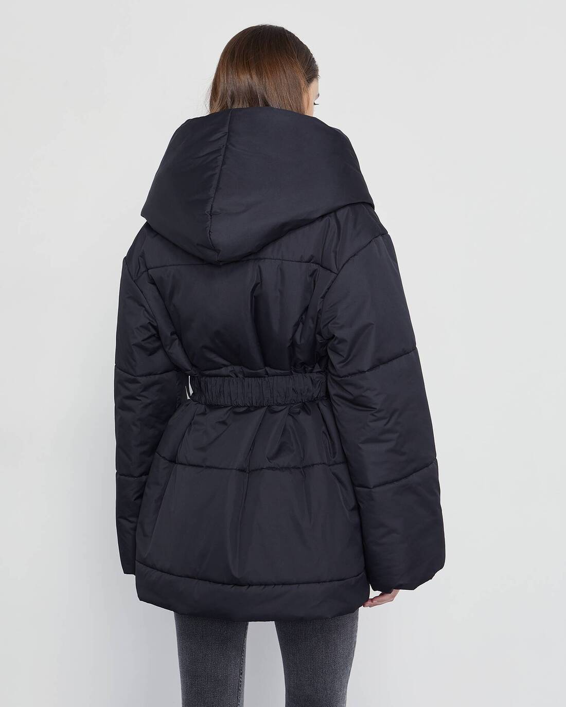 Oversized down jacket with wraparound closure 