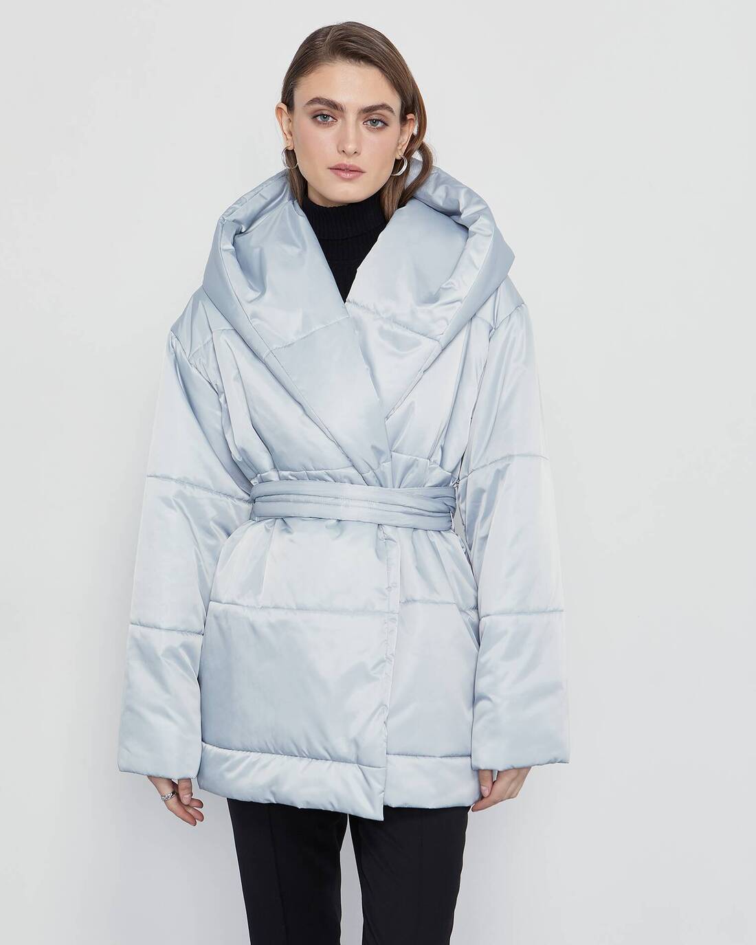 Oversized down jacket with wraparound closure 