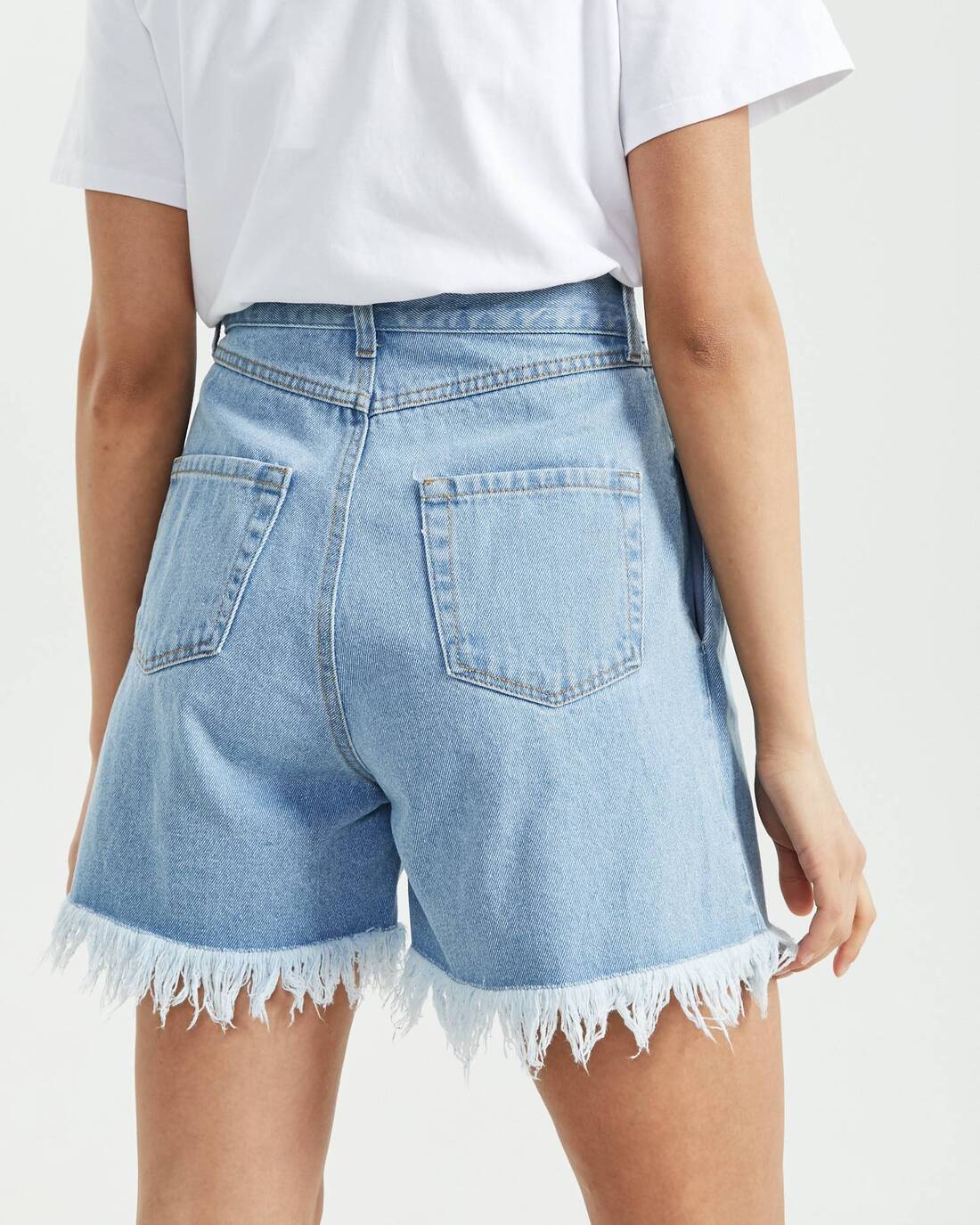 teal fringe shorts