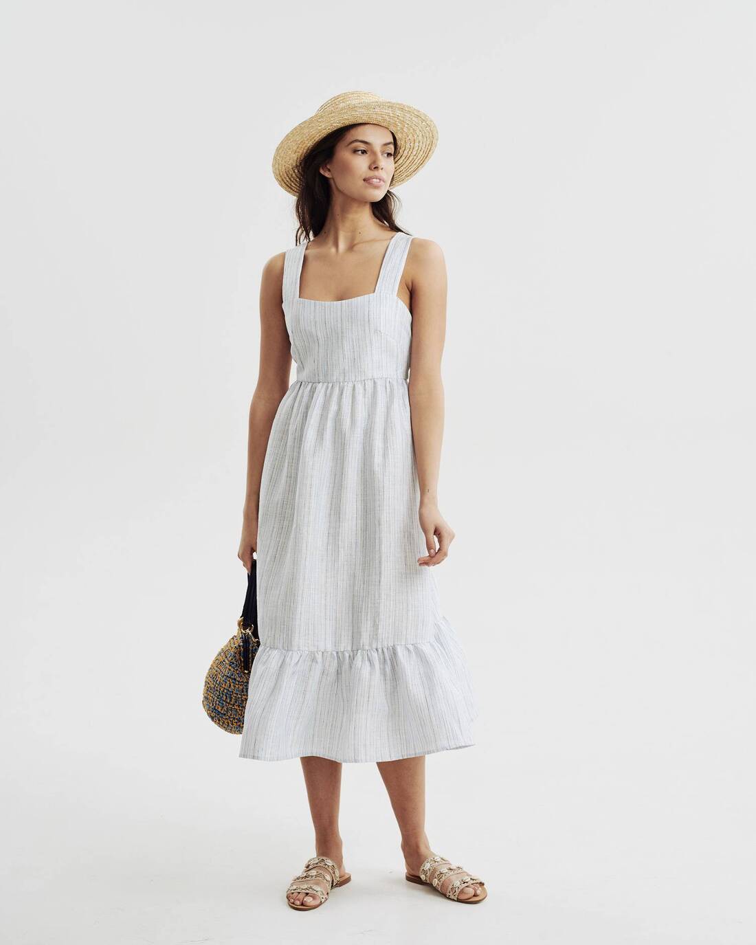 Linen ruched wide strap dress