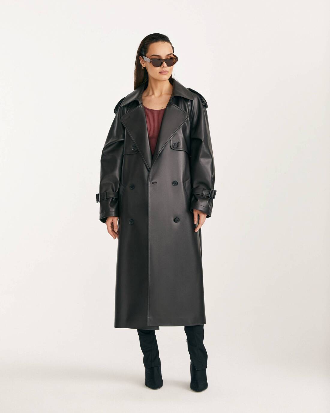 Double-breasted midi coat from eco leather