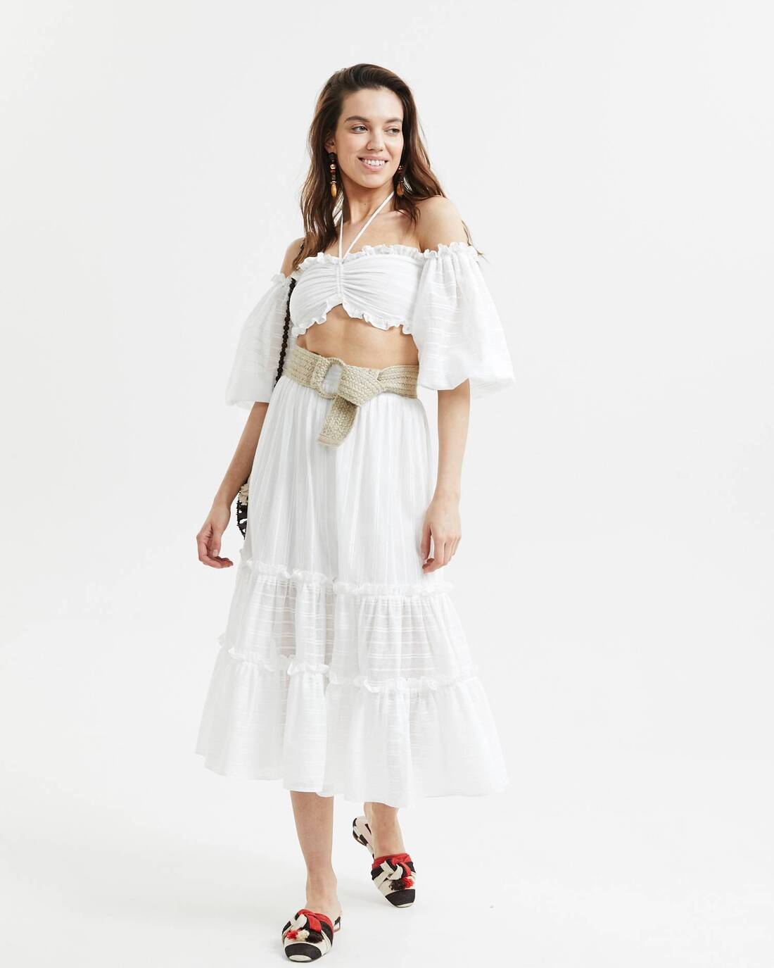 Ruched cotton midi skirt