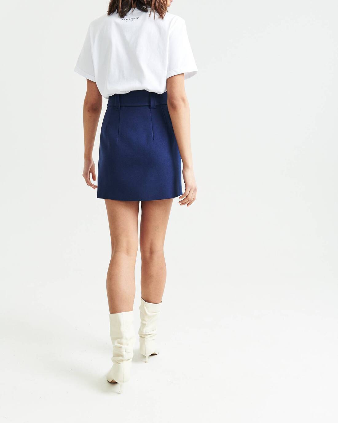 Belted wool mini skirt