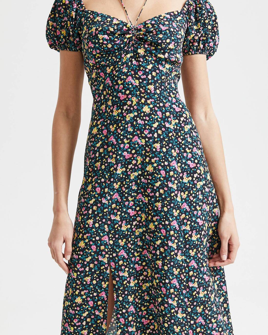 Vintage print ruched dress