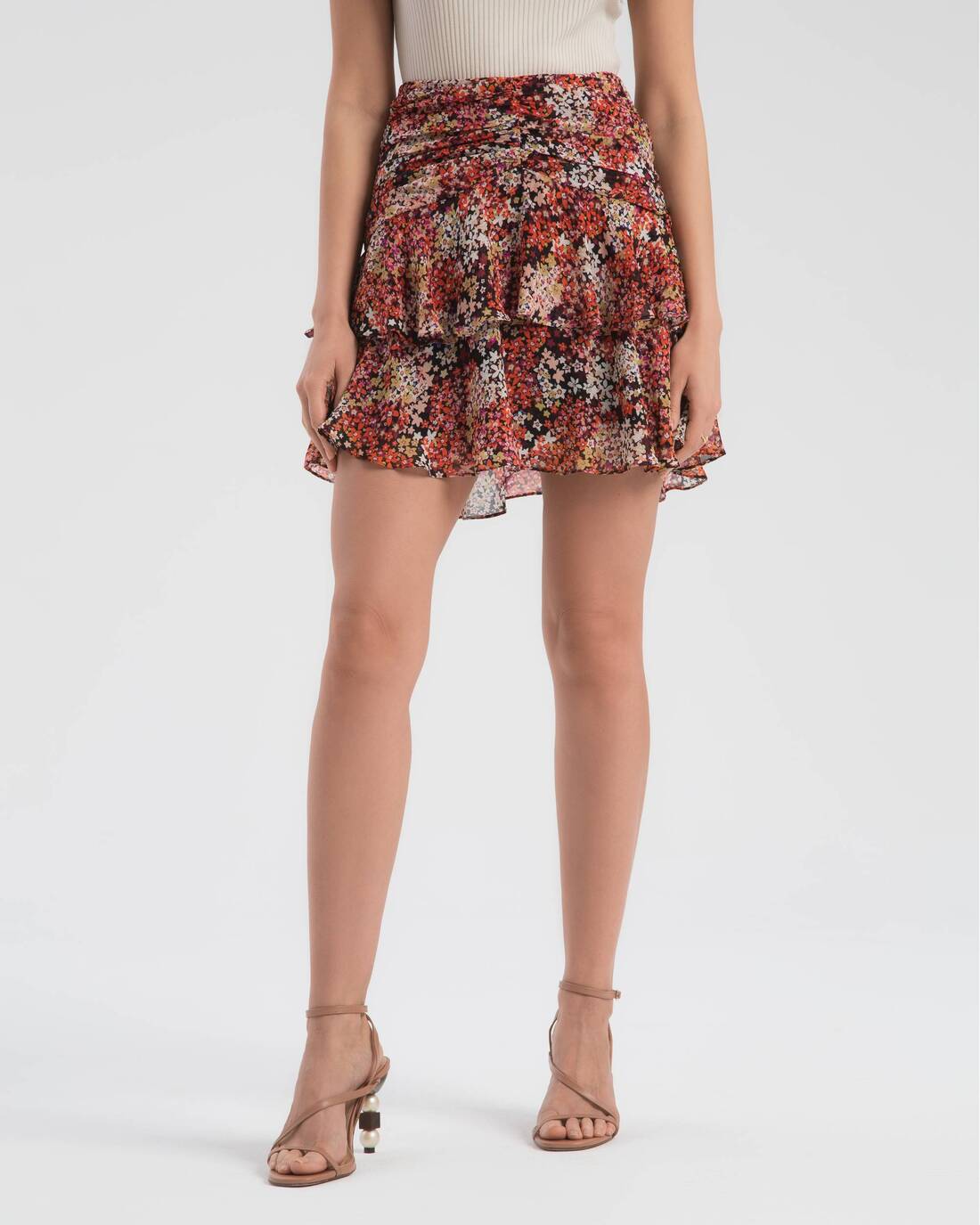 Ruffled floral print mini skirt