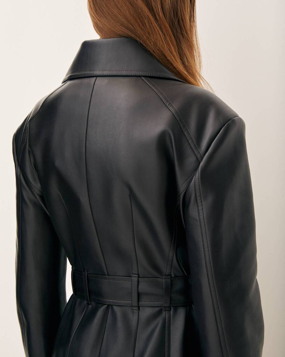 Textured double-breasted faux leather trench coat 