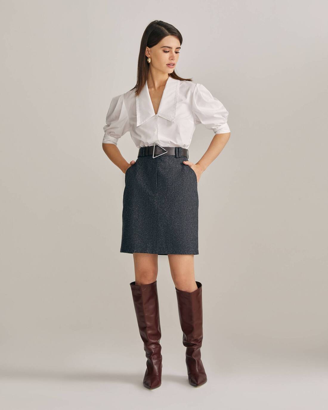 Tweed mini skirt with contrasting stitching