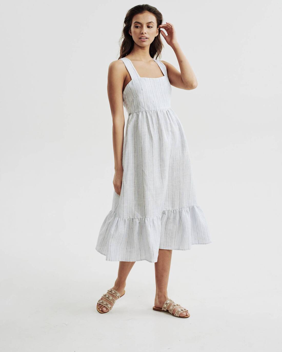 Linen ruched wide strap dress