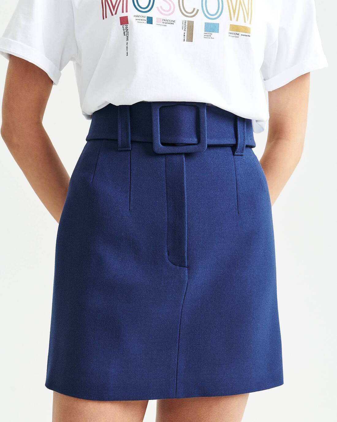 Belted wool mini skirt