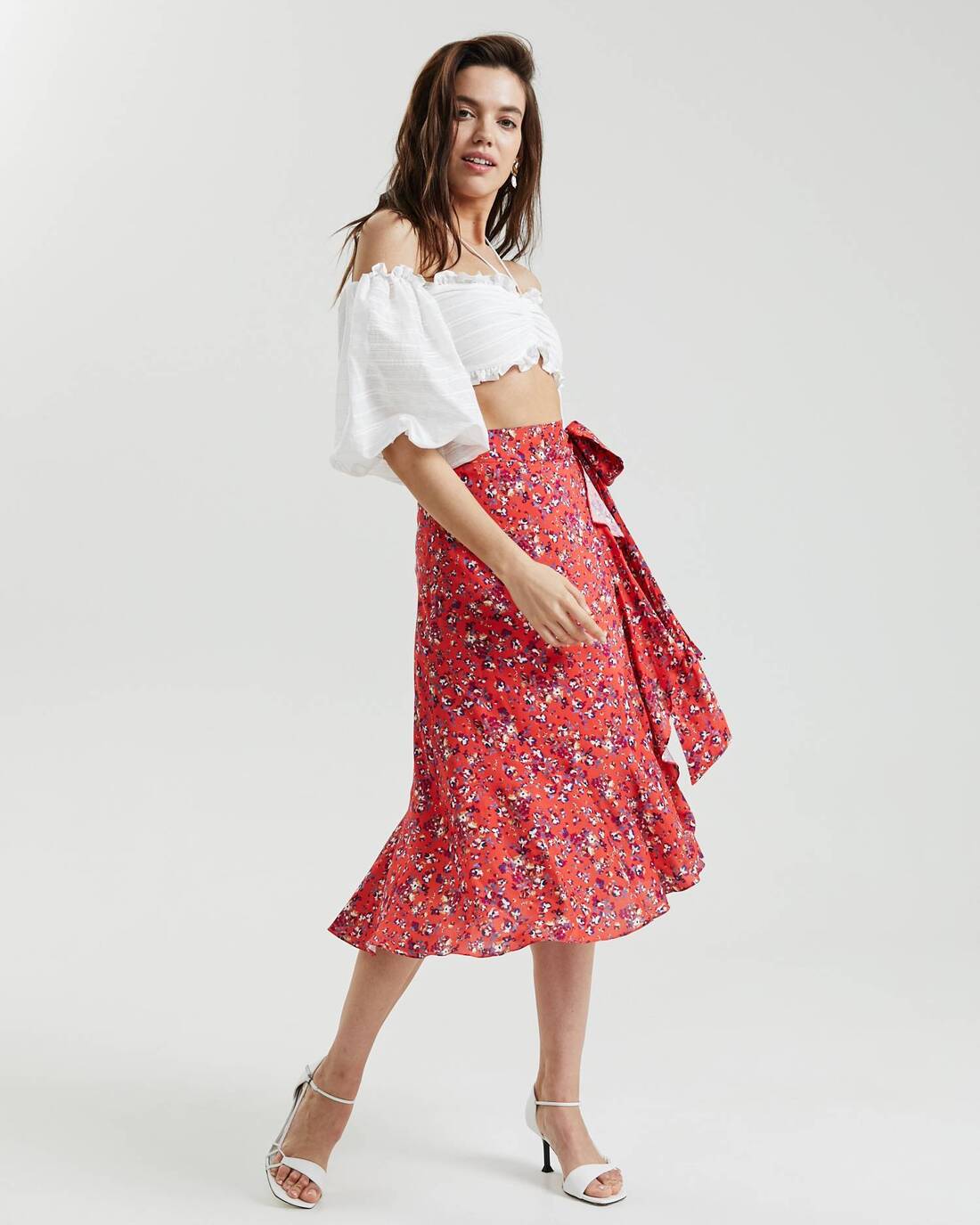 Printed ruffled midi skirt