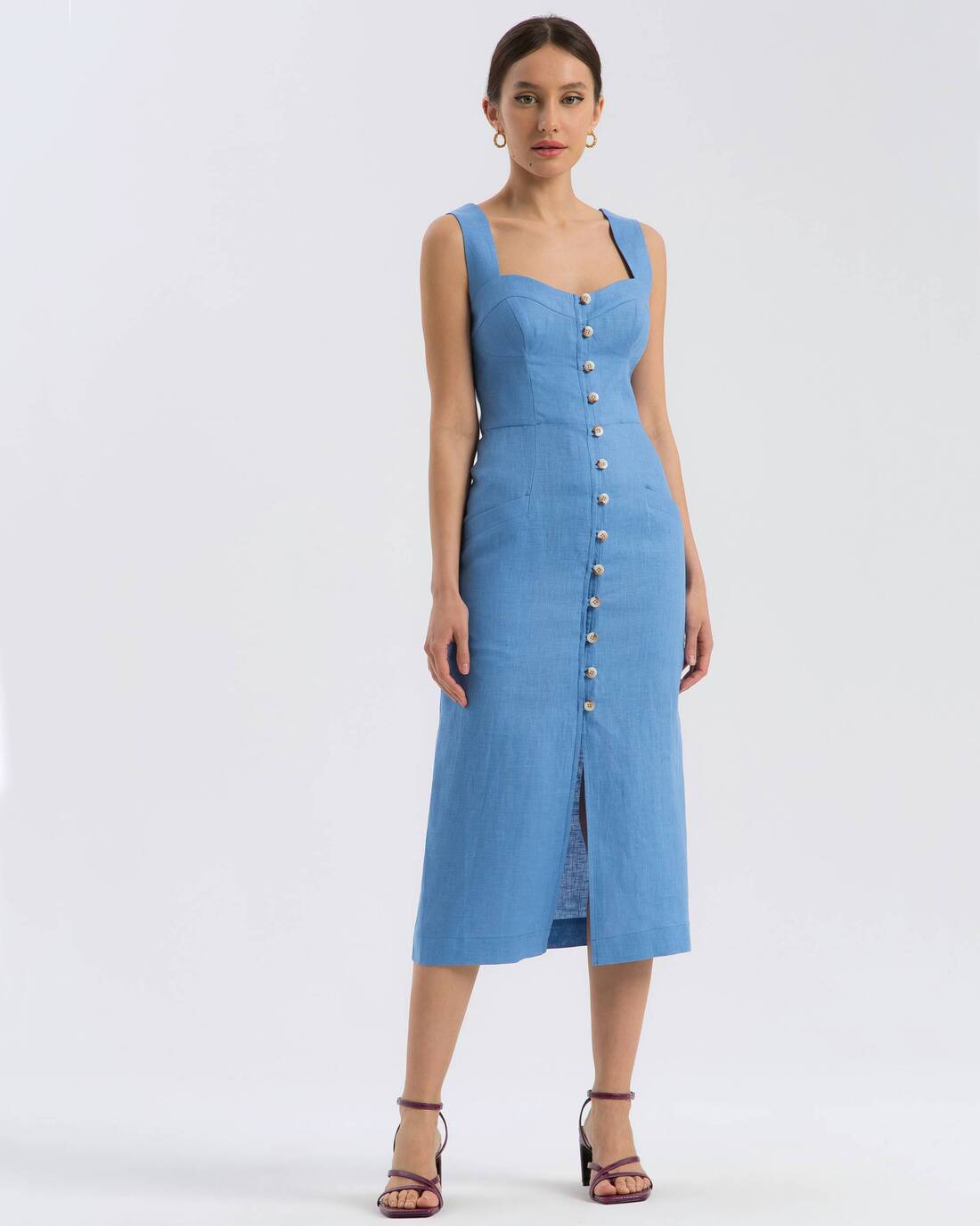 Linen midi dress with wide straps