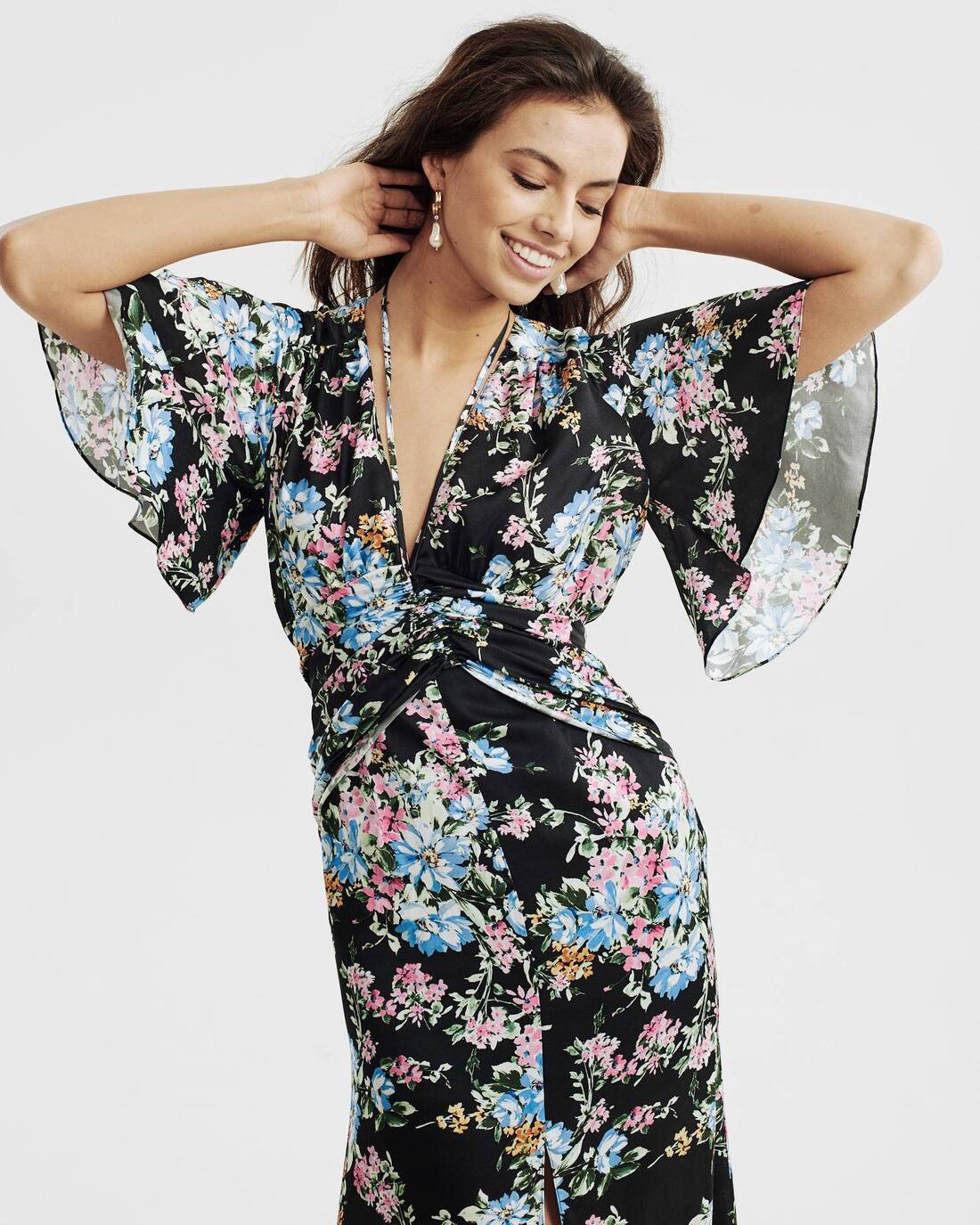 Floral print tea dress with flared sleeves
