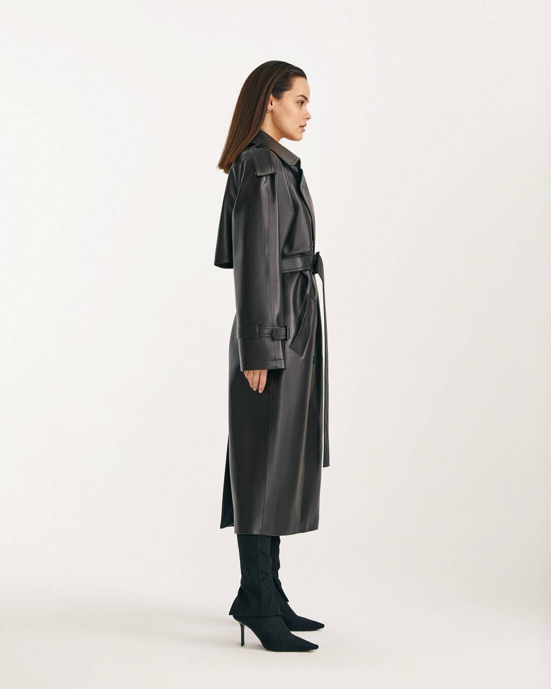 Double-breasted midi coat from eco leather