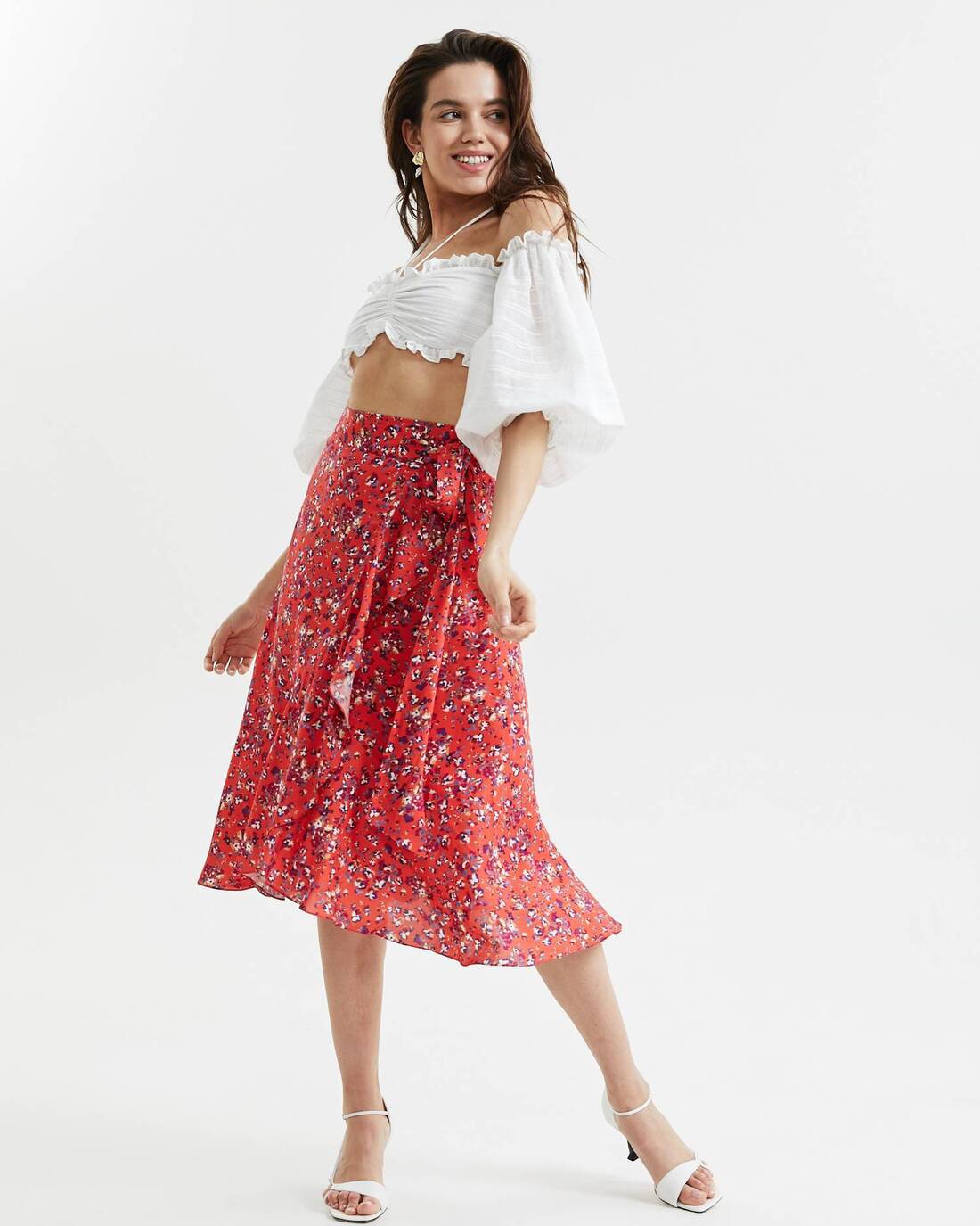 Printed ruffled midi skirt