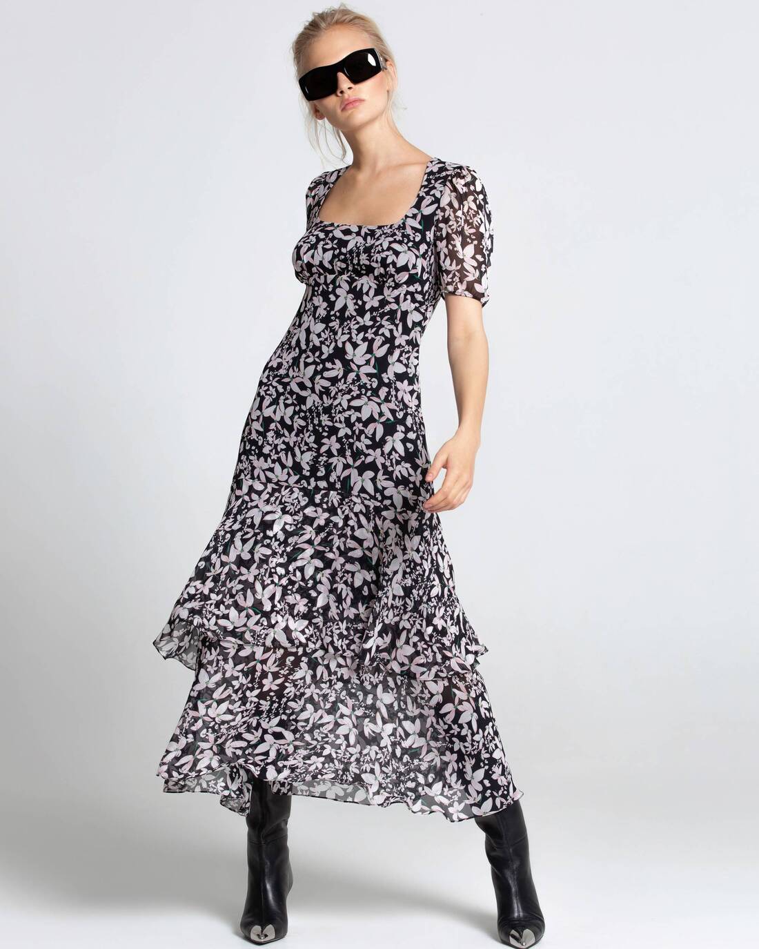 Floral print chiffon tea style dress