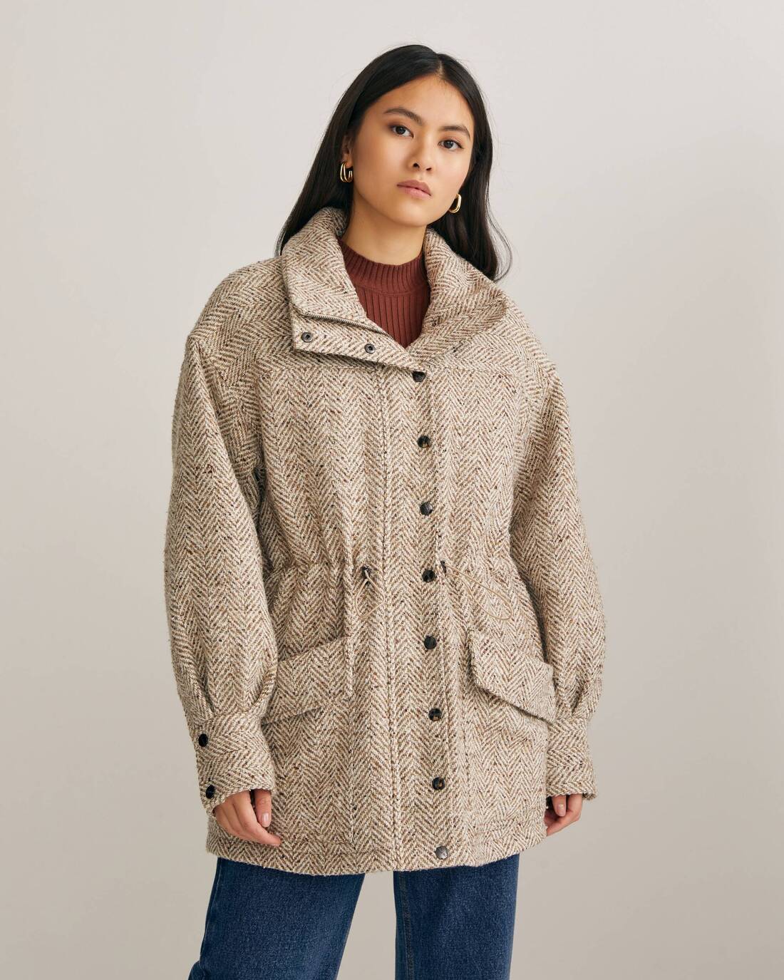 Padded tweed jacket with stand-up collar 